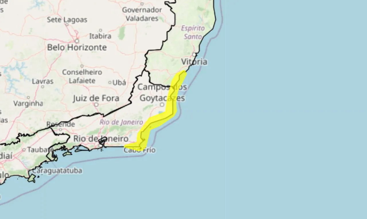 O mapa mostra as áreas em alerta para ventos